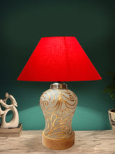 Conical Red Cotton Shade Lamp with Wood & Mosaic Glass Base